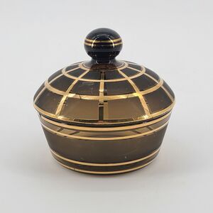 Vintage Smoky Glass Trinket Candy Dish Lid Gold Stripes
